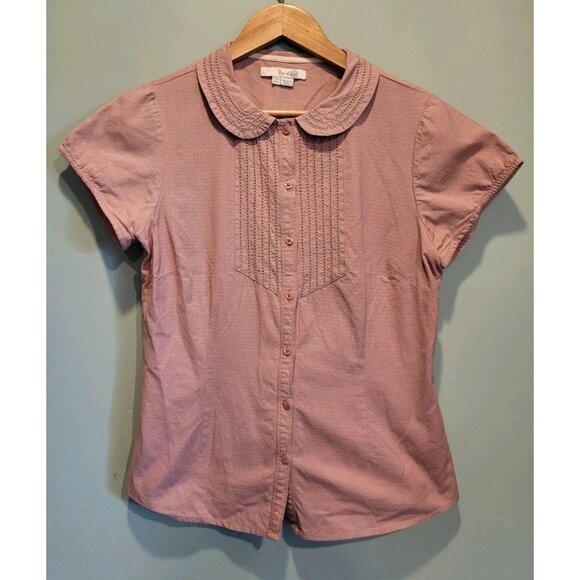 Boden Tan Peter Pan Collar Short Sleeve Cottage Prarie Peasant Button Up Top 6 - Picture 1 of 6